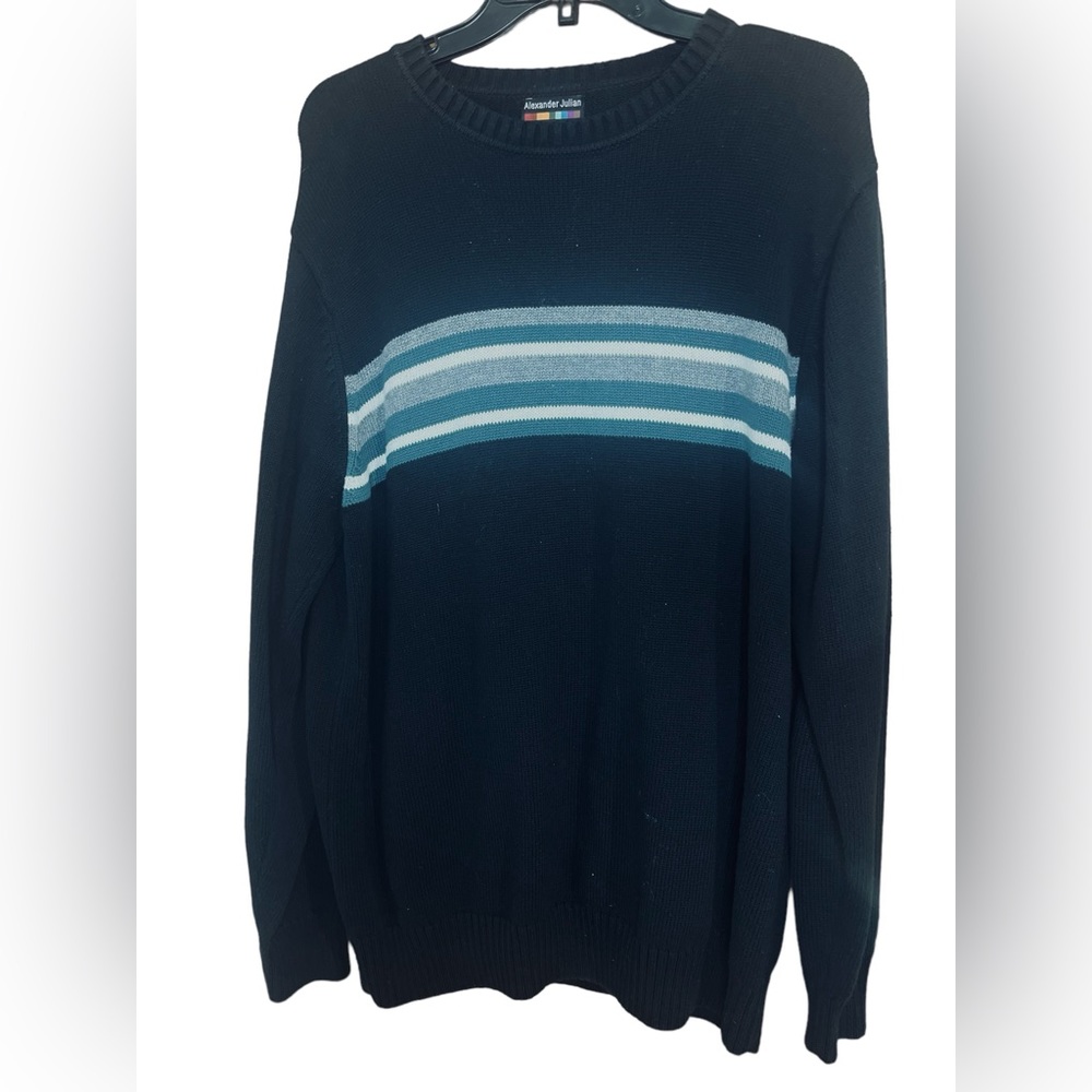 Alexander Julian Colours Knit Black With Stripes Sweater Men’s Size LT